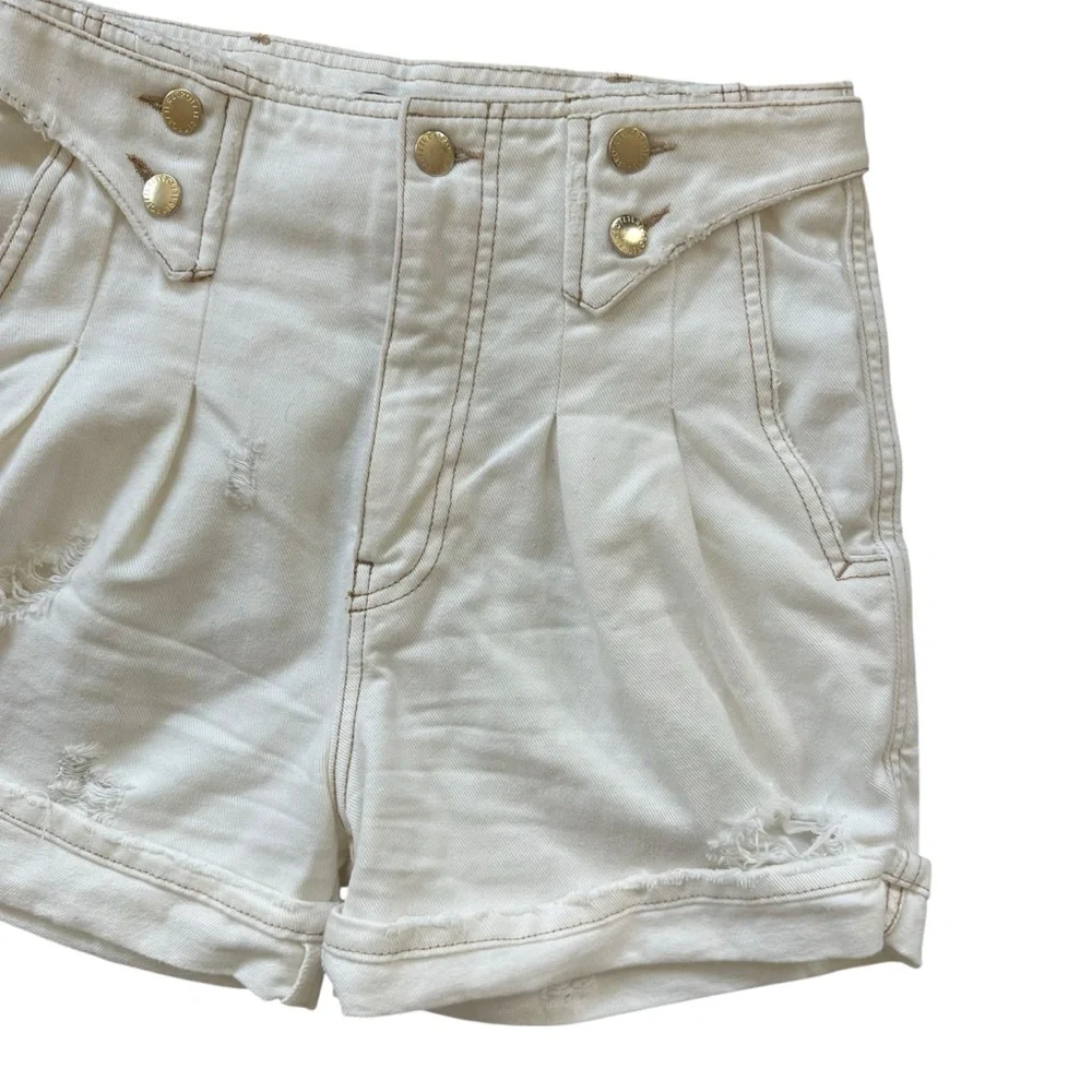 Retrofete Cream Cotton Buckle Back Distressed High Rise Shorts Trixie Size 25